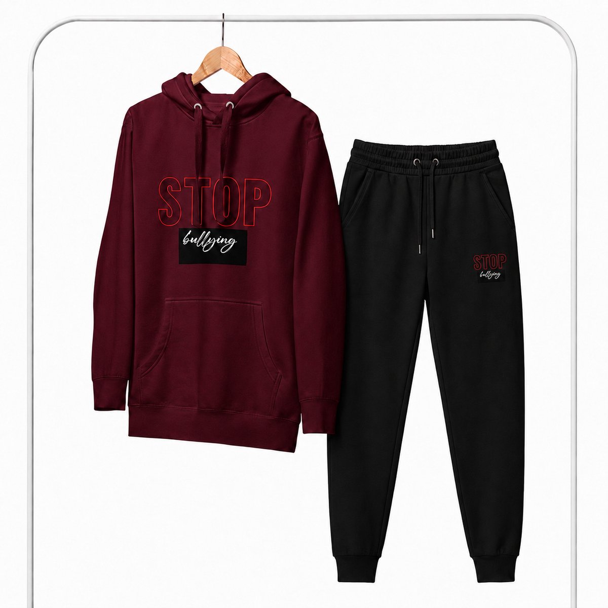 Trainingspak Heren – Hoodie Heren – Sportbroek Heren – STOP BULLYING – Katoen - Bordeauxrood - S