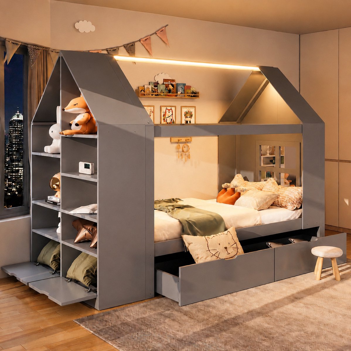 OKWISH Kinderbed 90x200 cm - Huisbed Met Ledverlichting En Opbergruimte - Met 2 Lades - Zonder Matras - Hout En MDF - Grijs