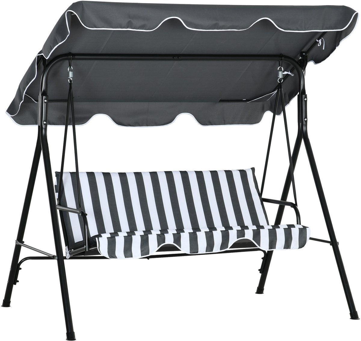 3-zits tuinschommel met verstelbaar kanteldak en kussens, 1,72 x 1,1 x 1,53 m, zwart staal, grijs polyester