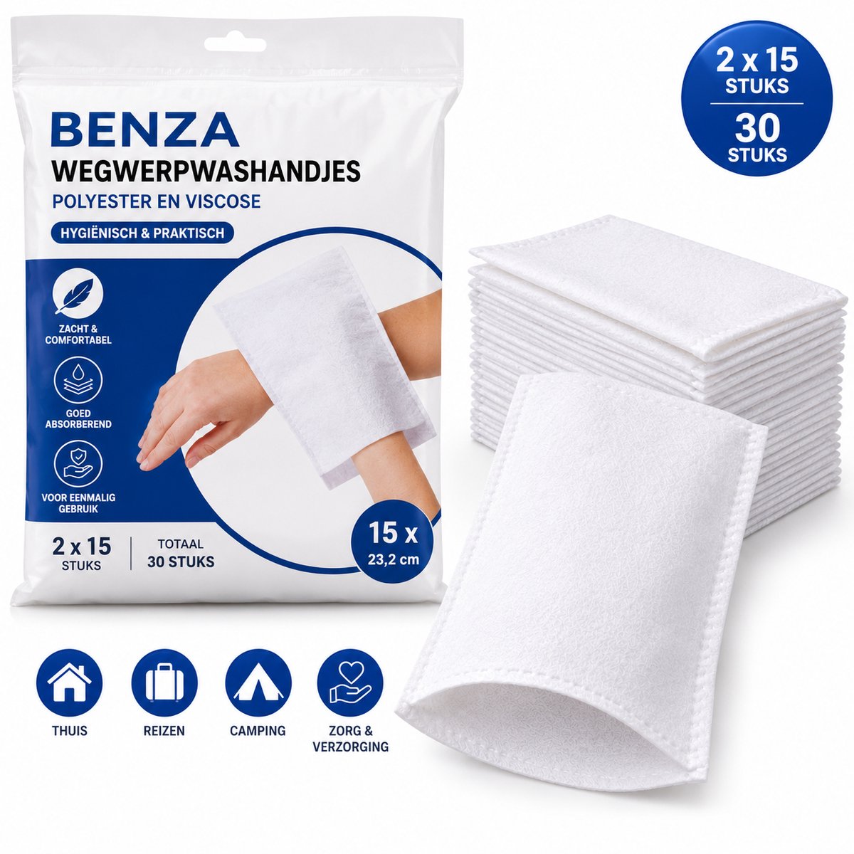 Benza – Wegwerpwashandjes – 2 x 15 Stuks – Polyester en Viscose – 23,2 x 15 cm – Wit – Voor Verzorging, Reizen en Onderweg