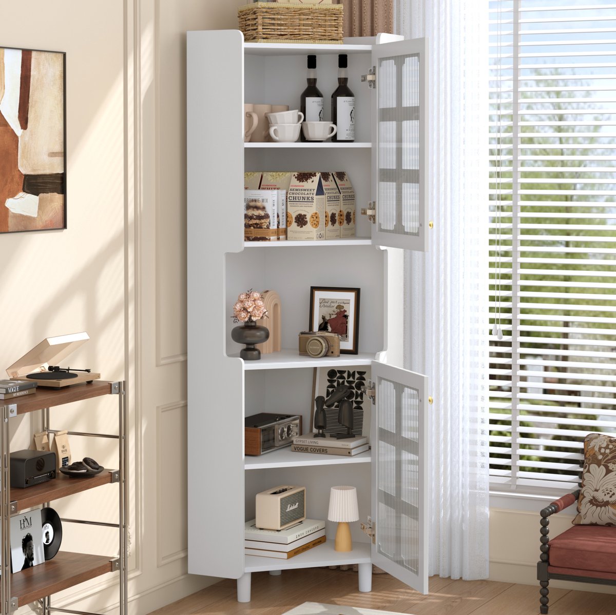 COVREO hoekkast 63,5 x 157,5 cm - wit, MDF, LED-verlichting met app-bediening