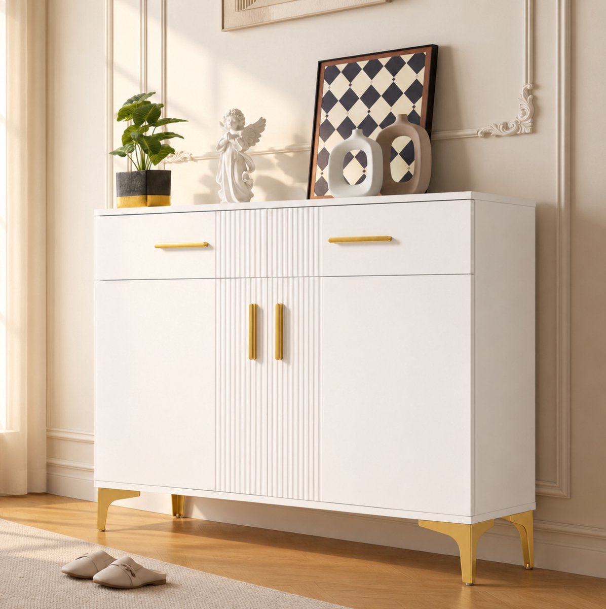 COVREO dressoir 80 x 35 x 79,5 cm - 2 deuren, 2 lades, wit met metalen grepen en poten