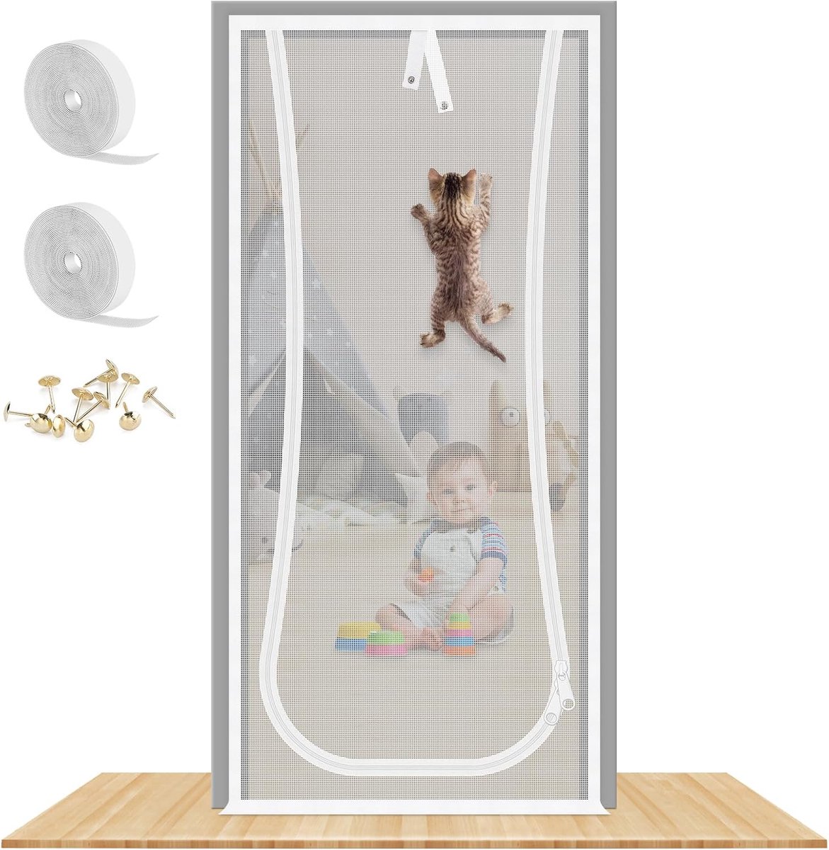 Thijox - Kattenhordeur Vliegengaas 91 x 208 cm met U-vormige Ritssluiting, Dierbestendig en Krasbestendig voor Woonkamer, Slaapkamer, Keuken en Terras