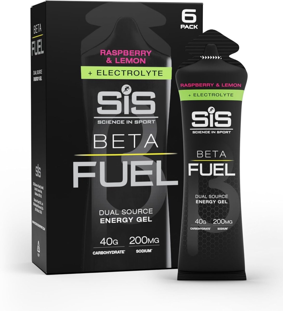 Science in Sport – SIS Beta Fuel + Electrolyte Gel – Raspberry & Lemon smaak – 1:0,8 Maltodextrine-Fructose verhouding – 40 gram koolhydraten + 200mg natrium per gel – 6 x 60ml