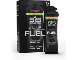 Science in Sport – SIS Beta Fuel + Electrolyte Gel – Raspberry & Lemon smaak – 1:0,8 Maltodextrine-Fructose verhouding – 40 gram koolhydraten + 200mg natrium per gel – 6 x 60ml