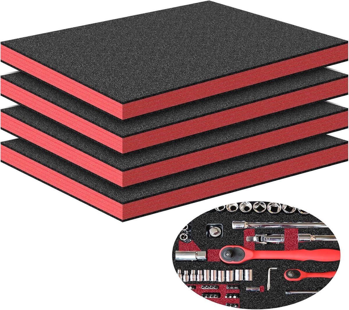 Thijox - Schuimrubberen Inzetstukken voor Gereedschapskist - 4 Stuks Polyurethaanschuimplaat - 40x30x4 cm - Rood - Ideaal voor Gereedschapskisten, Cam