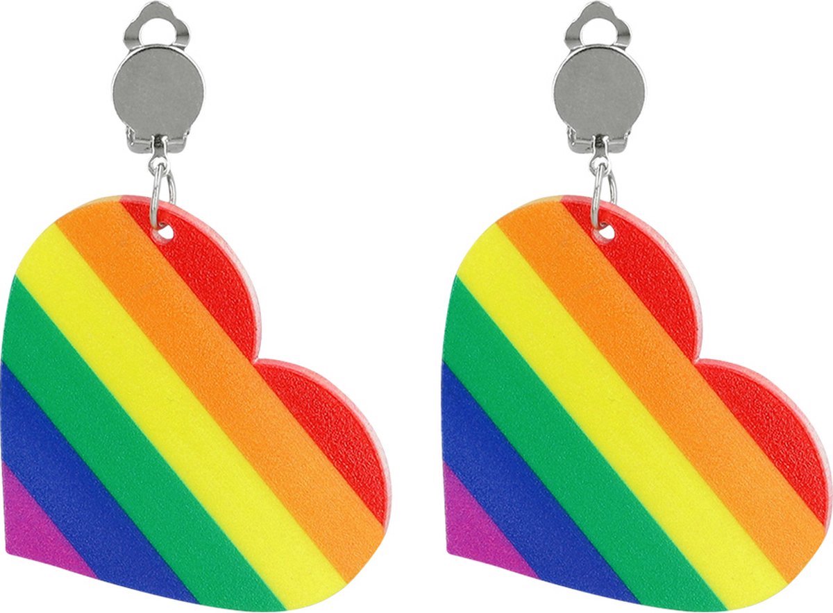 Regenboog oorbellen - Clip oorbellen - Pride - LGBTQ - Rainbow earrings - Hartje - 1 paar - Jonyx