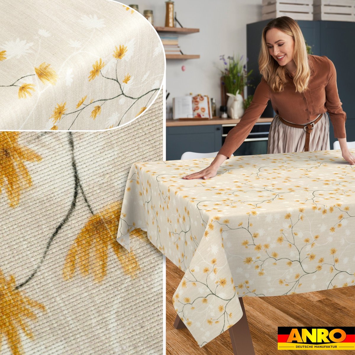 ANRO Tafelkleed Bloemen en vogels Beige 350x140cm Rechte rand Afwasbaar Waterafstotend