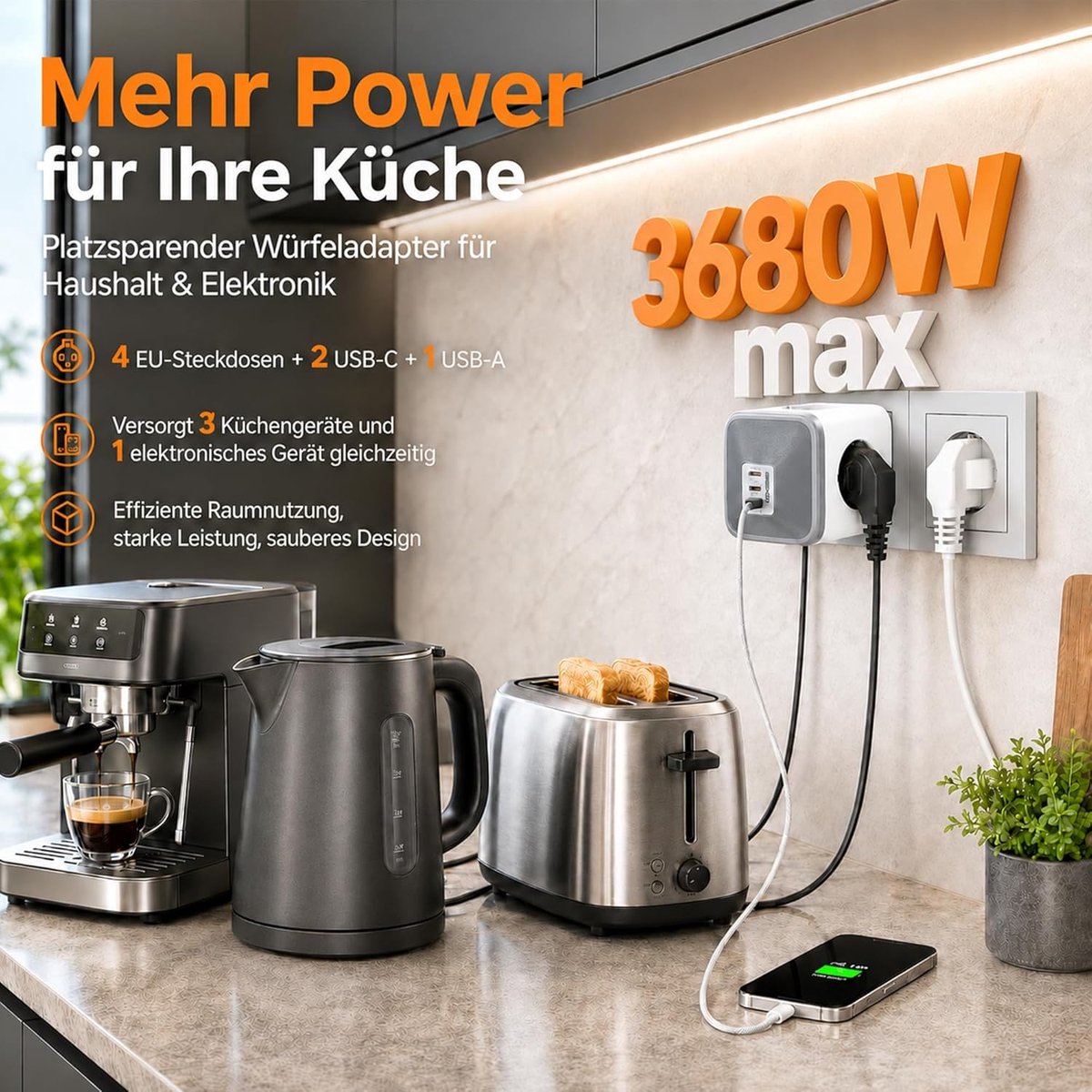 Thijox - 7-in-1 USB-C Stekkerdoos met 4 Stopcontacten, 33W, 3680W/16A, Overspanningsbeveiliging, Kinderbeveiliging, Ideaal voor Thuis, Kantoor en Reiz