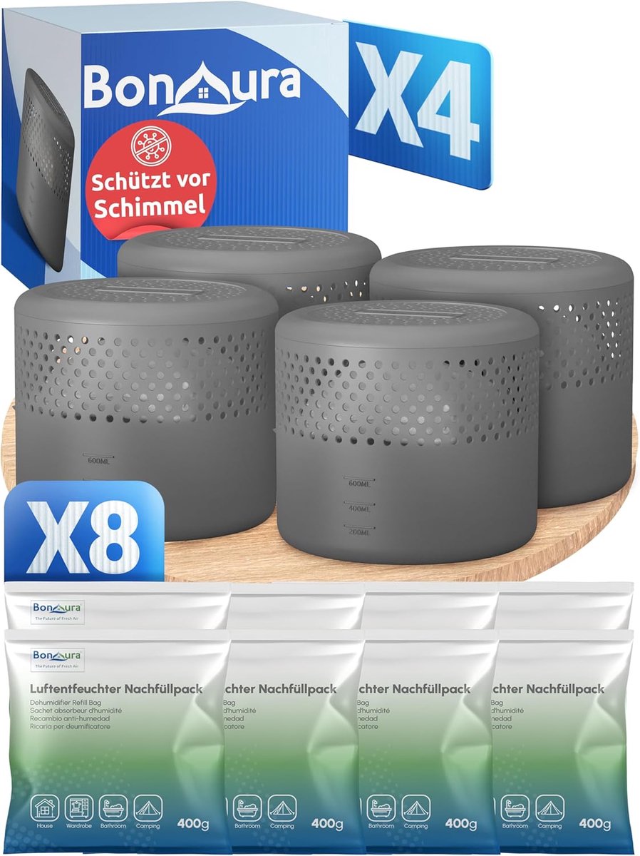 Thijox - 4 x Stroomloze Ontvochtiger + 8 x 400 g Luchtbevochtiger - Vochtabsorberend Granulaat voor Kelders, Badkamers en Meer - Voor Ruimtes tot 40 m