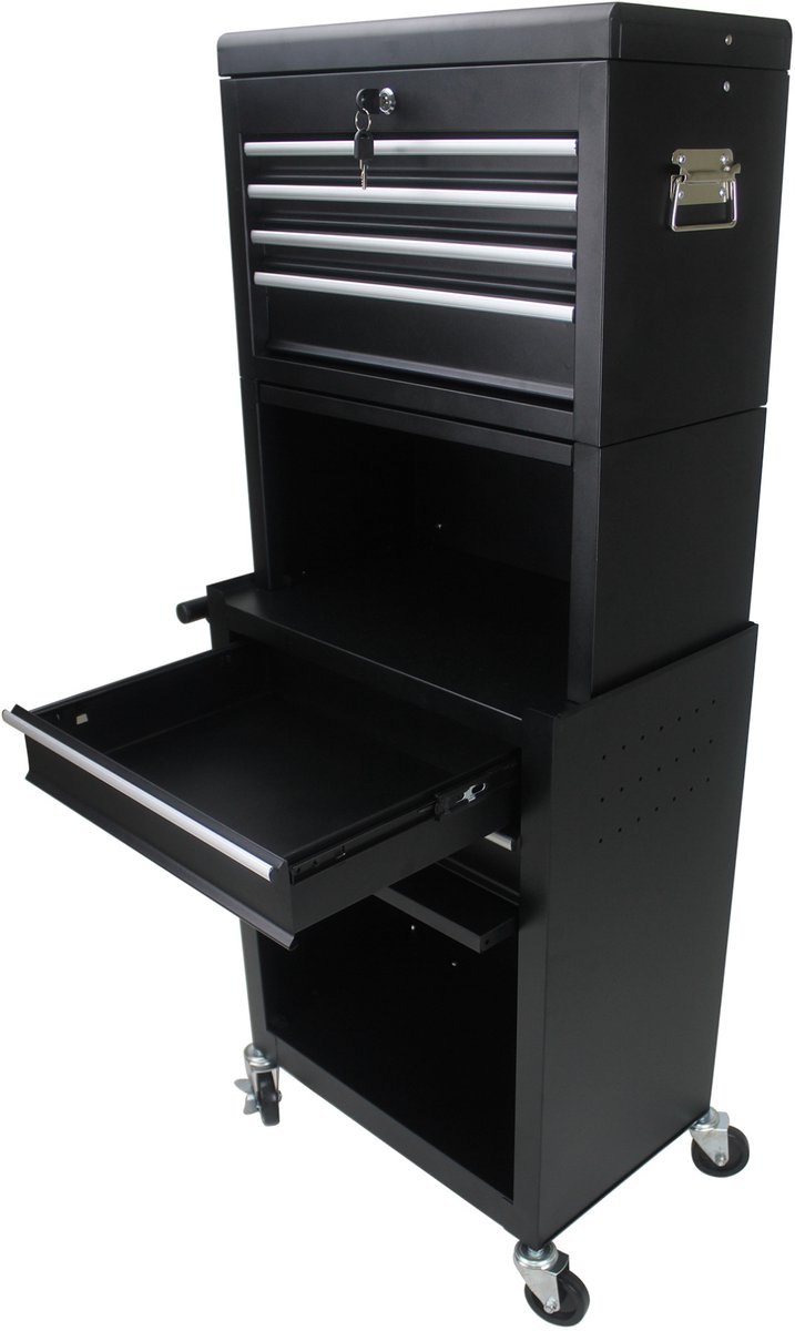 OKWISH Gereedschapskar - Afneembare 2-in-1 Gereedschapskast met 6 Laden en 4 Zwenkwielen - Voor Garage en Werkplaats - Staal Zwart - 53x33x133,1 cm