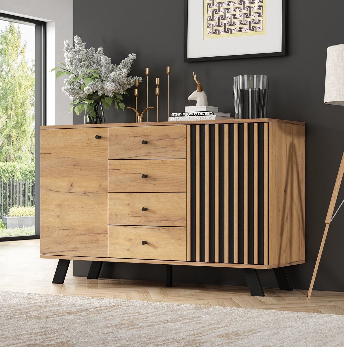 OKWISH Dressoir – Sideboard 120×38×75 Cm – 4 Lades En 2 Deuren – Veel Opbergruimte Voor Woonkamer – Scandinavische Stijl – Houtkleur Zwart Naturel