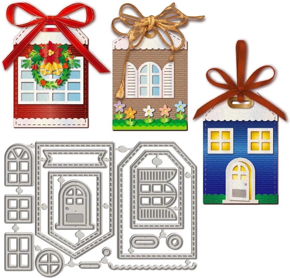 Metal House Thema Geschenktas Snijmallen, Raam Huis Geschenktas Stencils voor Handgemaakt Cadeauverpakking, Carbon Staal Embossing voor Scrapbooking en Creatieve Projecten