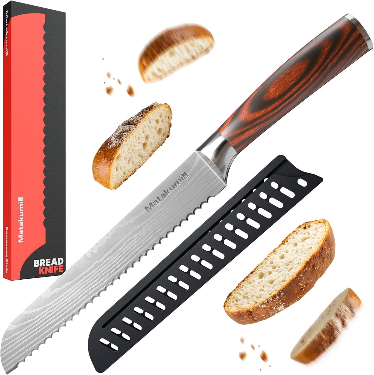 Thijox - Matakumi Broodmes met Damascus Print - Japanse Gekartelde Keukenmes - Professioneel Broodmes - Hoogwaardige Keukenmessen - Perfect voor Thuis