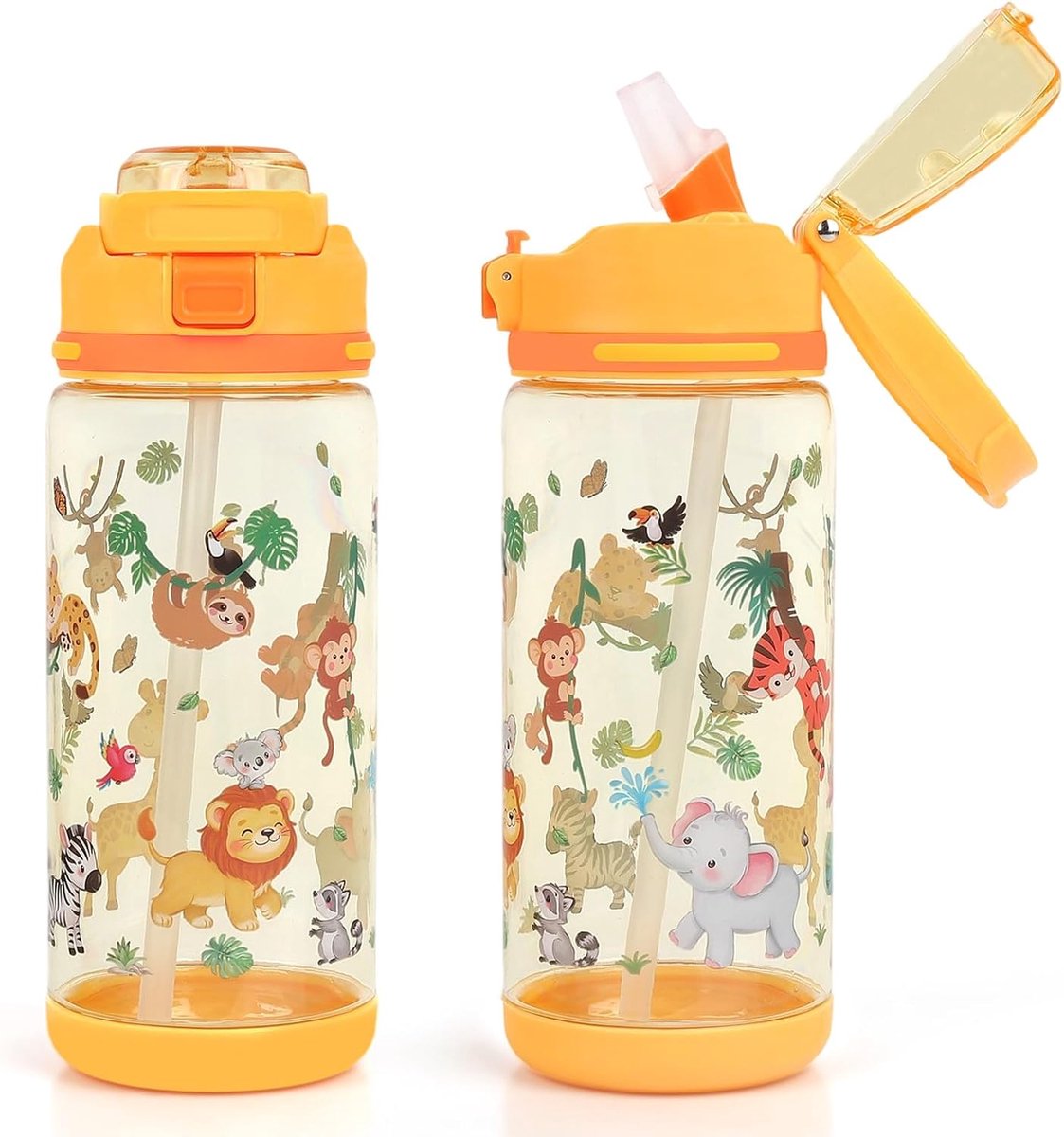 Thijox - Decalsweet Drinkfles voor Kinderen 600 ml met Rietje, Lekvrije Waterfles voor School en Sport, Jungledieren Design, Ideaal voor Kinderen vana