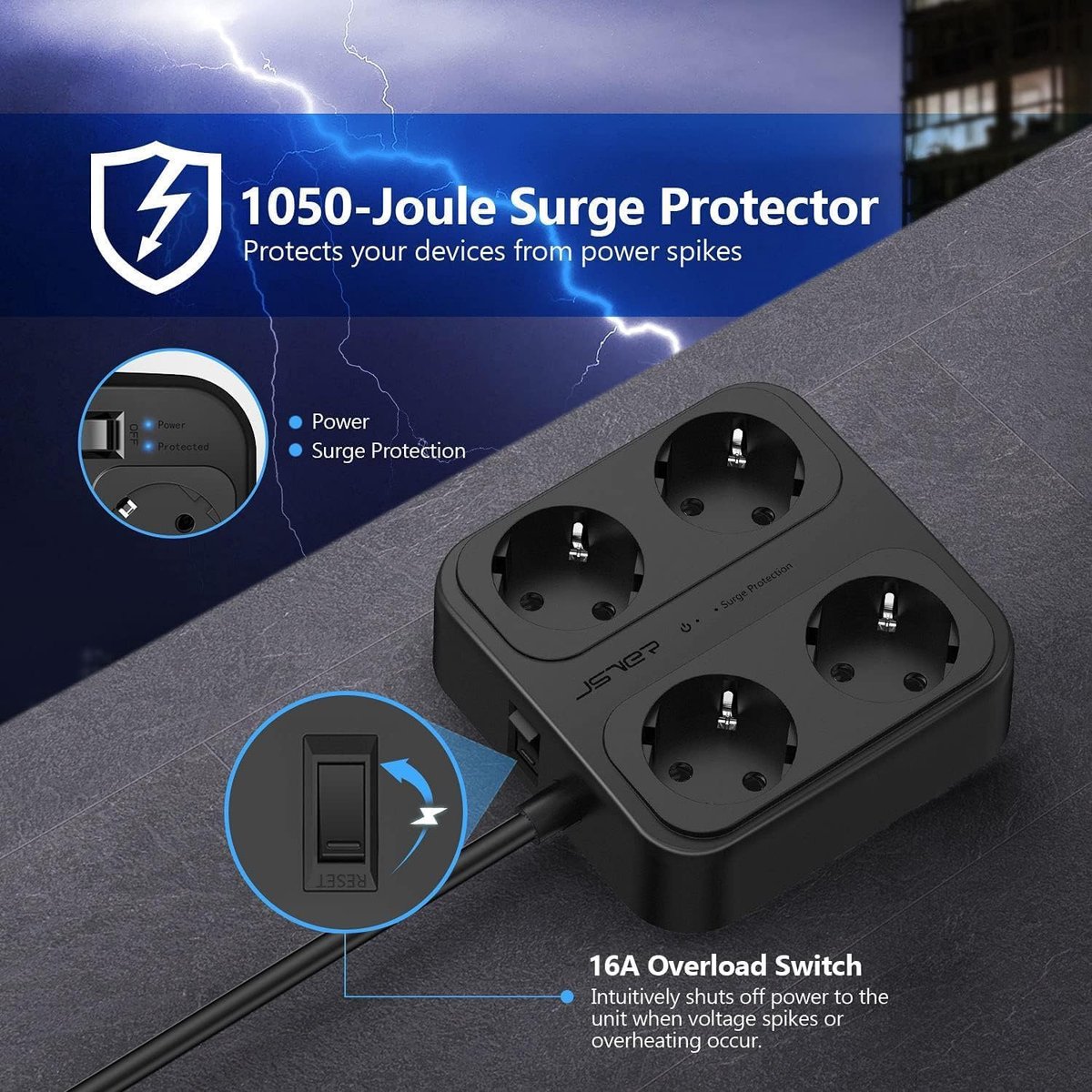 Thijox - 4-voudige Stekkerdoos met Overspanningsbeveiliging, 3 USB A en 1 USB C Poort, Schakelaar, Wandmontage, Zwart, 3 Meter Snoer, Voor Thuis en Ka