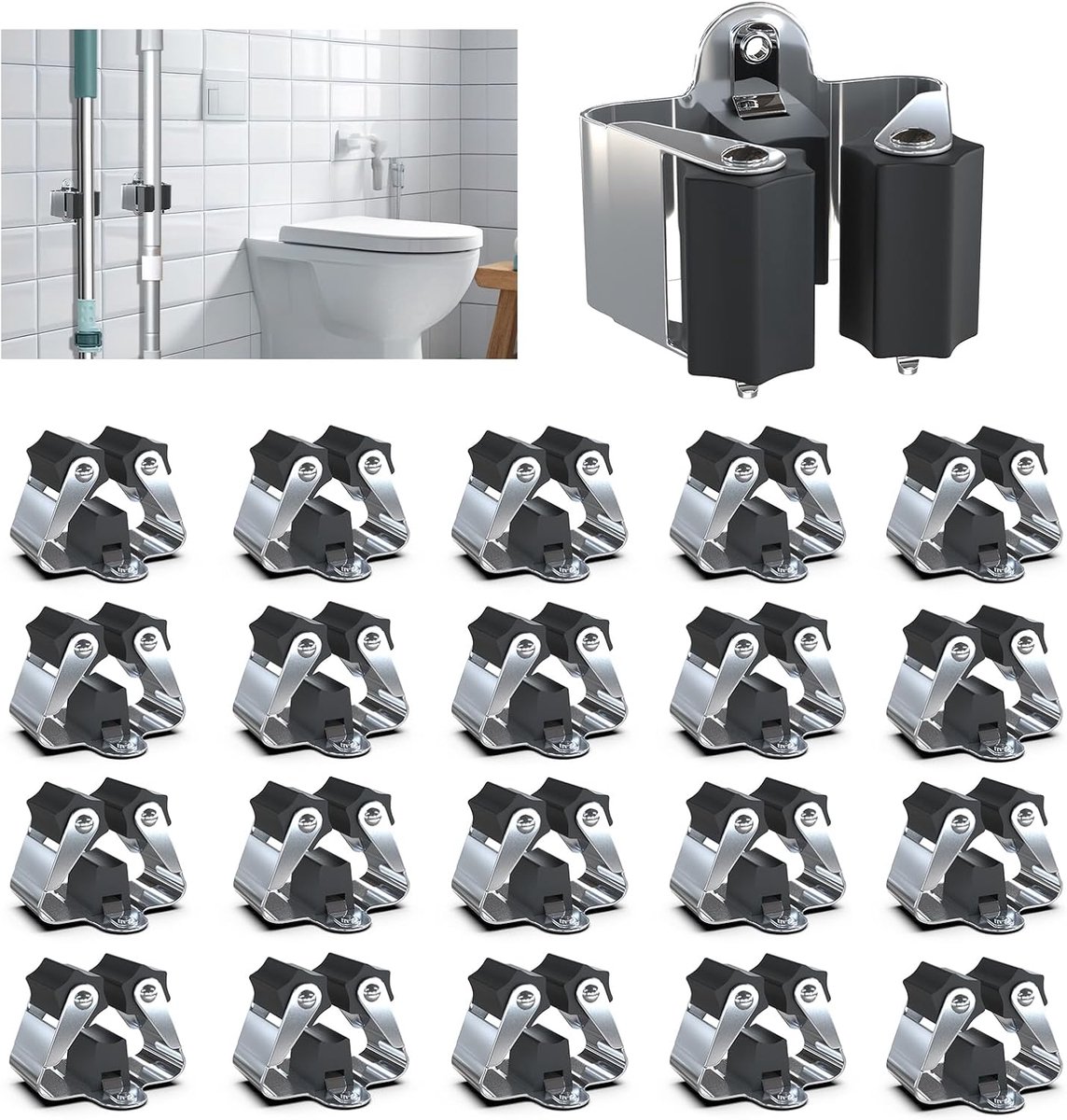 SnelShoppen - Broom holder - Gereedschap houder - Bevestigingssysteem voor bezems - Multifunctionele wandhouder - Set met montagemateriaal (zwart)