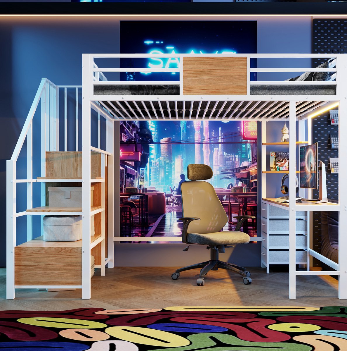 STILVORA Hoogslaper 140x200 cm – Met Bureau, LED-Verlichting En Stopcontact – Met Opbergvakken En Kledingstang – Voor Kleine Ruimtes – Metaal En MDF – Zonder Matras – Wit