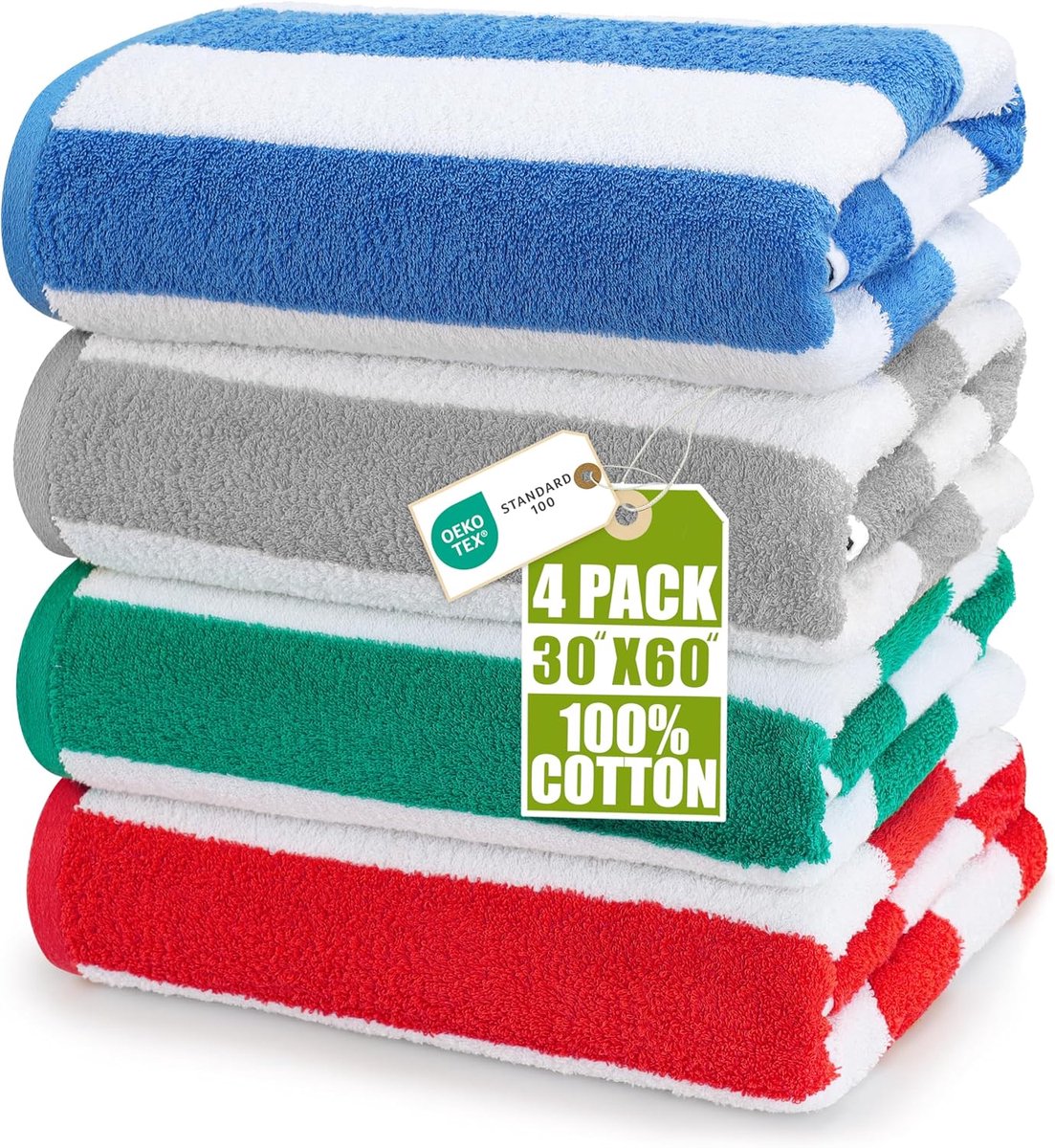 Thijox - Utopia Handdoeken Set van 4 - Grote Cabana Stripe Strand/Zwembadhanddoeken (76 x 152 cm) - 100% Katoen, Zacht en Sneldrogend - Blauw, Grijs,