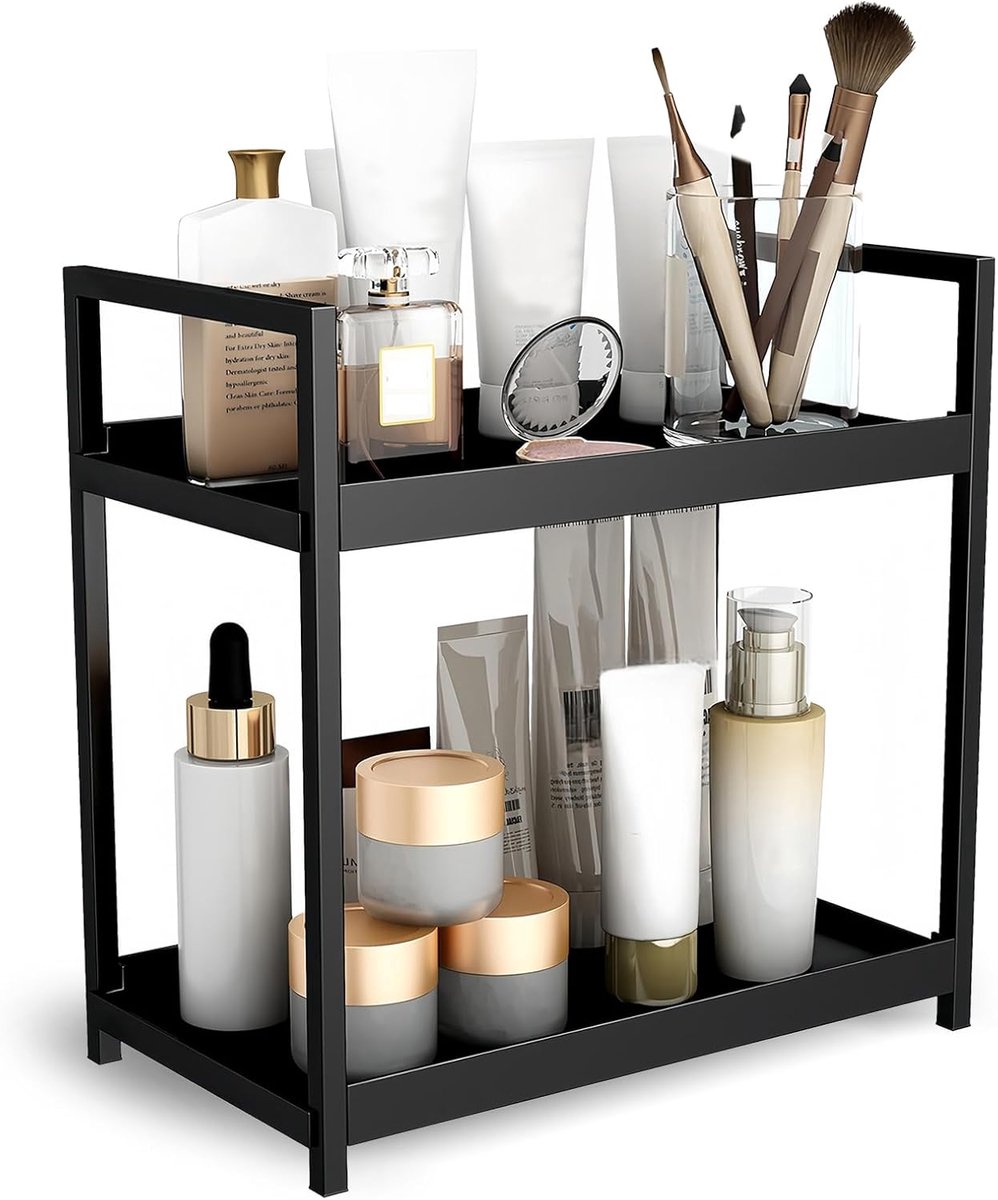 Thijox - 2-laagse Make-up en Huidverzorgingsorganizer, Zwart, Grote Opbergruimte voor Parfums, Tafelblad Organizer voor Slaapkamer, Badkamer, Keuken