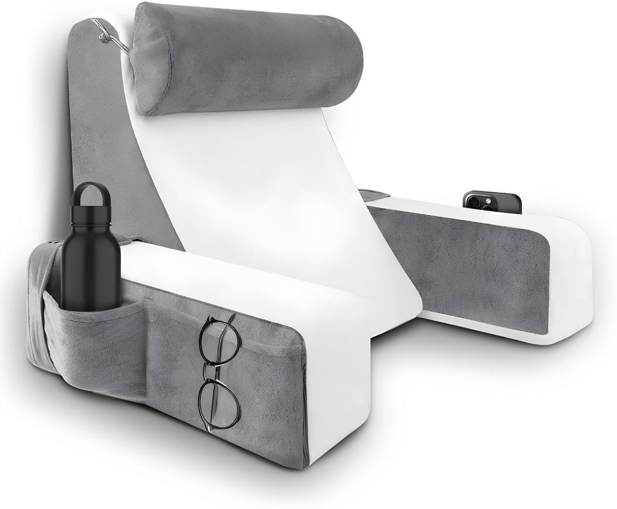 SP® Lees Kussen - Leeskussen - Rugkussen met Armleuning - Grijs en Wit - 38cm x 47cm x 57cm