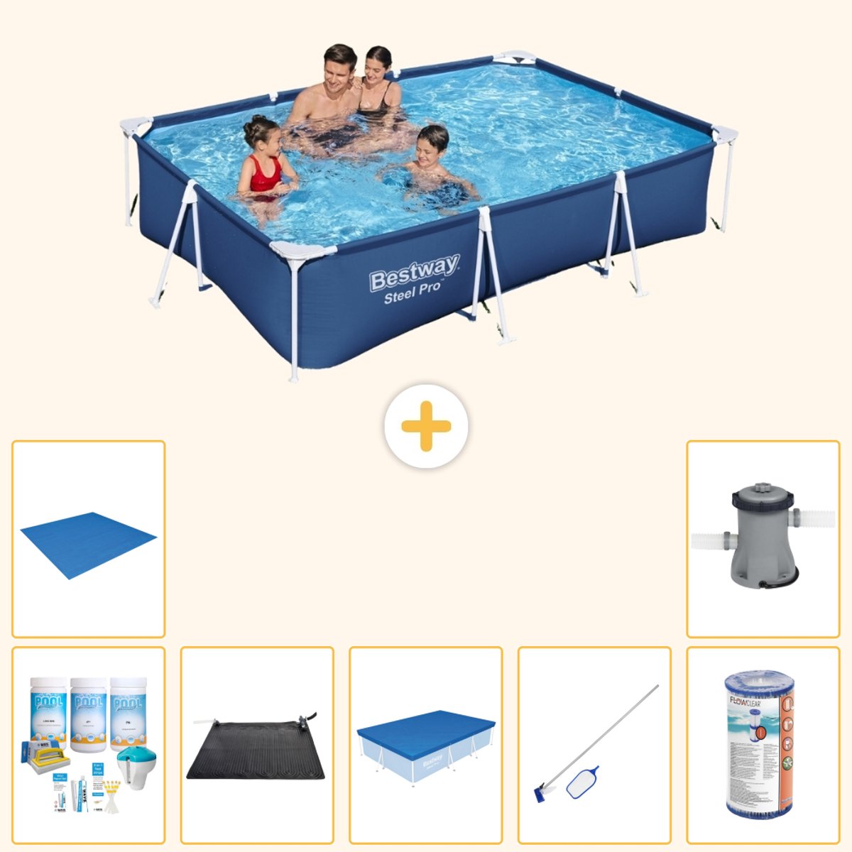 Bestway Rechthoekig Steel Pro Zwembad - 300 x 201 x 66 cm - Blauw - Inclusief Onderhoudspakket - Solar Mat - Afdekzeil - Schoonmaakset - Grondzeil - Filter - Zwembadfilterpomp - 8-delig