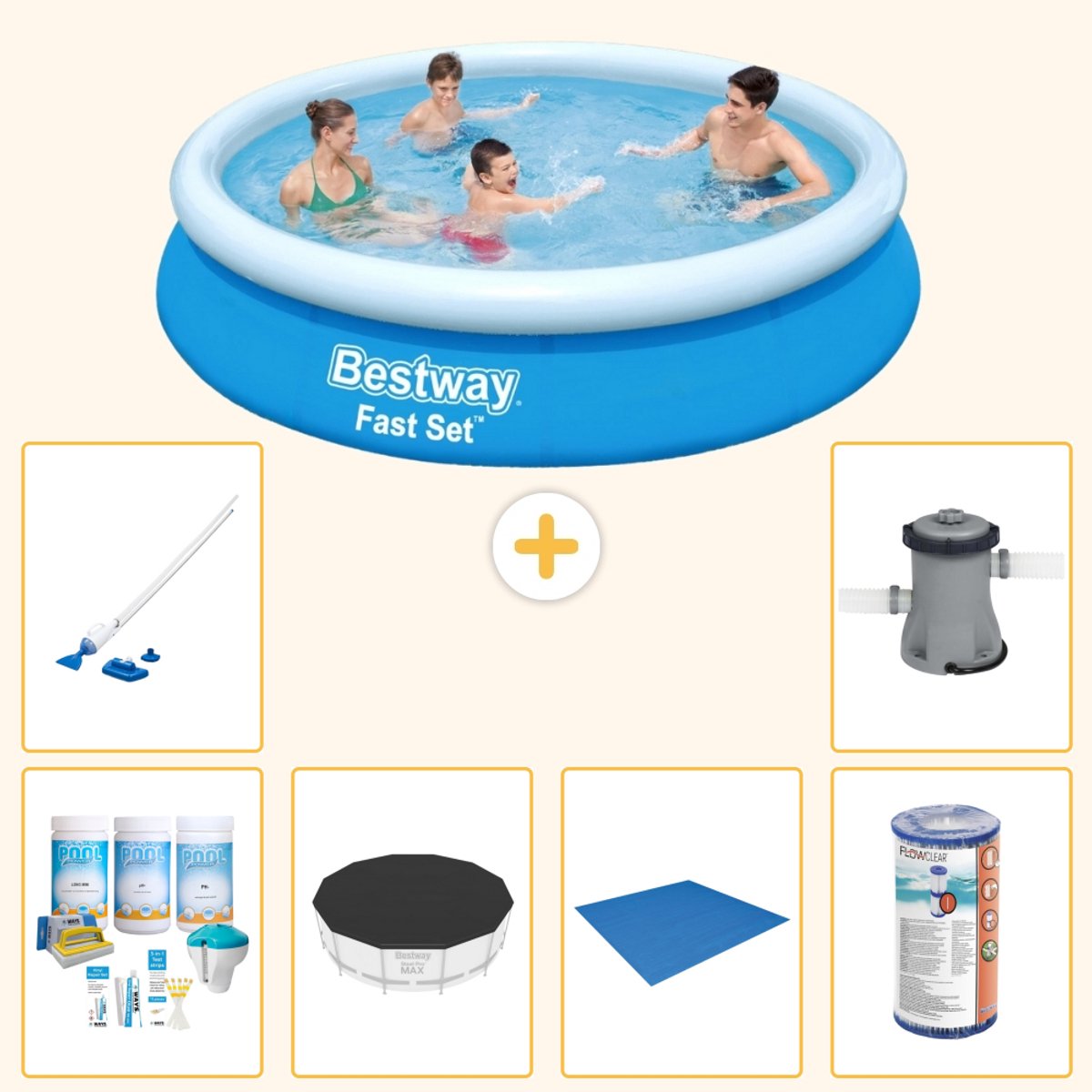 Bestway Rond Opblaasbaar Fast Set Zwembad - 366 x 76 cm - Blauw - Inclusief Onderhoudspakket - Afdekzeil - Grondzeil - Filter - Stofzuiger - Zwembadfilterpomp - 7-delig