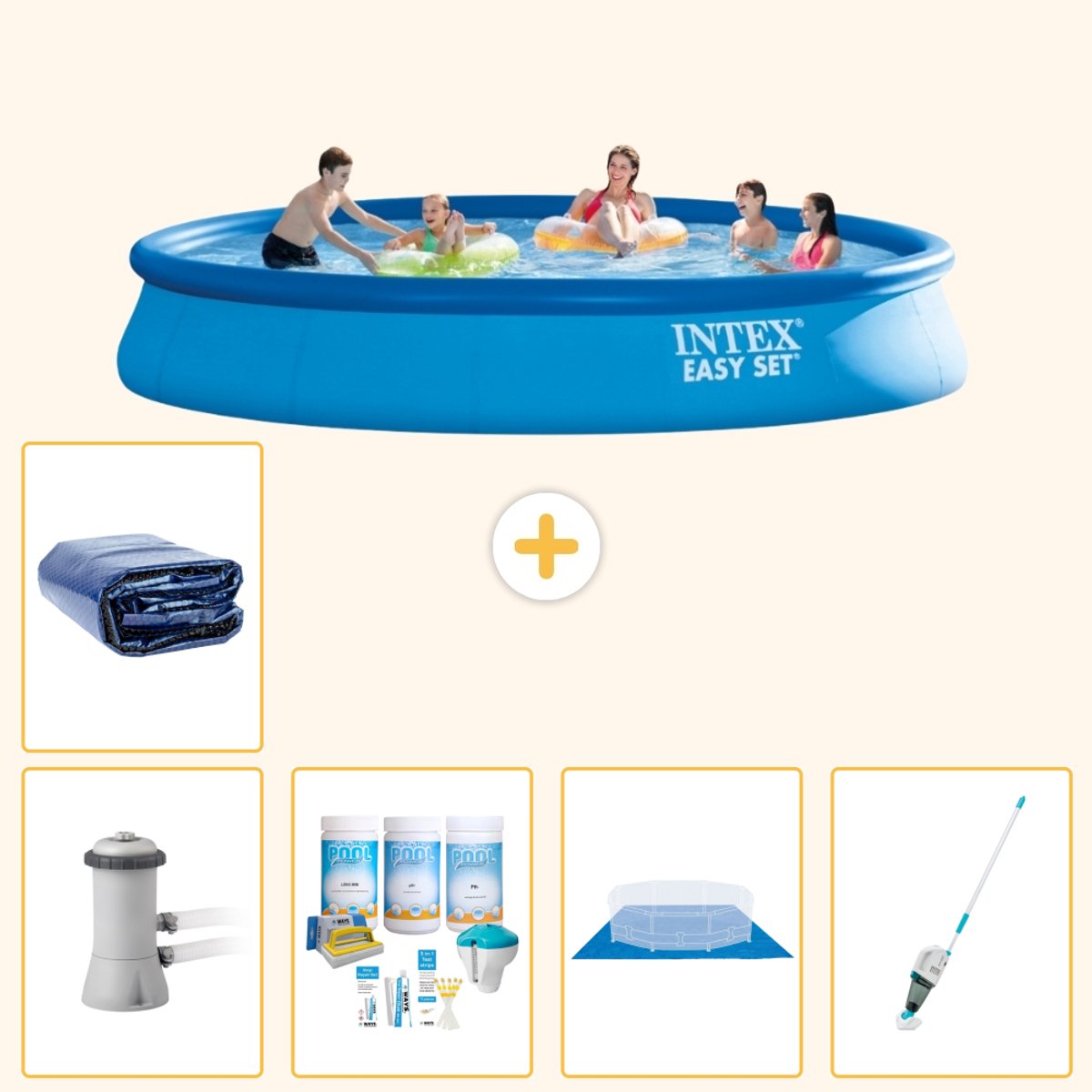 Intex Rond Opblaasbaar Easy Set Zwembad - 457 x 84 cm - Blauw - Inclusief Pomp - Onderhoudspakket - Grondzeil - Stofzuiger - Solarzeil - 6-delig