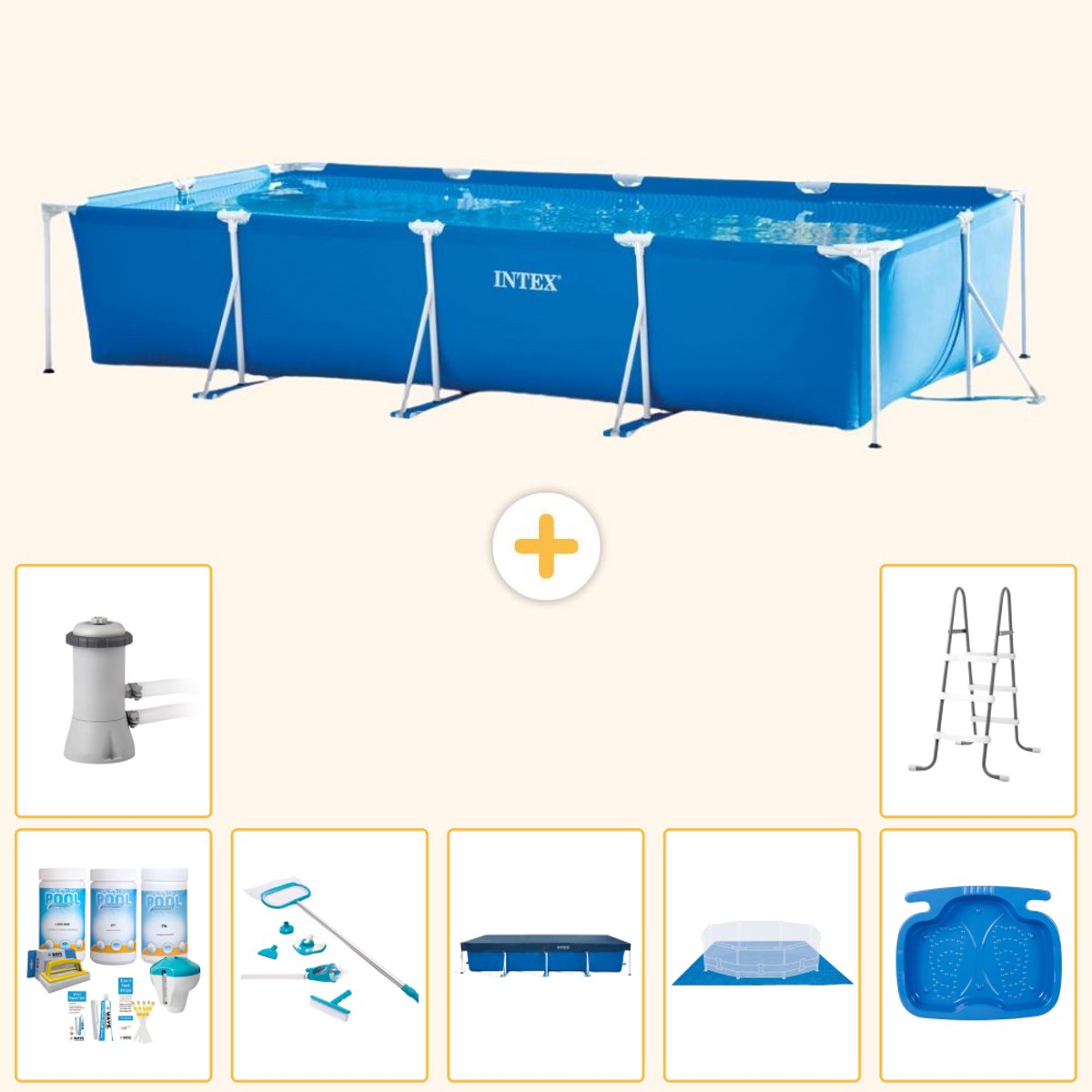 Intex Rechthoekig Frame Zwembad - 450 x 220 x 84 cm - Blauw - Inclusief Onderhoudspakket - Schoonmaakset - Afdekzeil - Grondzeil - Zwembadfilterpomp - Voetenbad - Ladder - 8-delig
