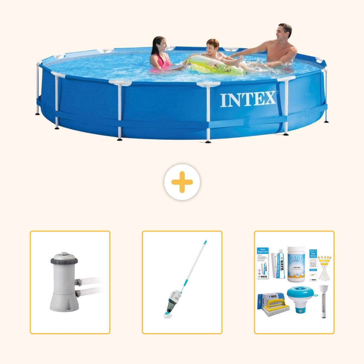 Intex Rond Frame Zwembad - 366 x 76 cm - Blauw - Inclusief Pomp - Stofzuiger - Onderhoudspakket - 4-delig
