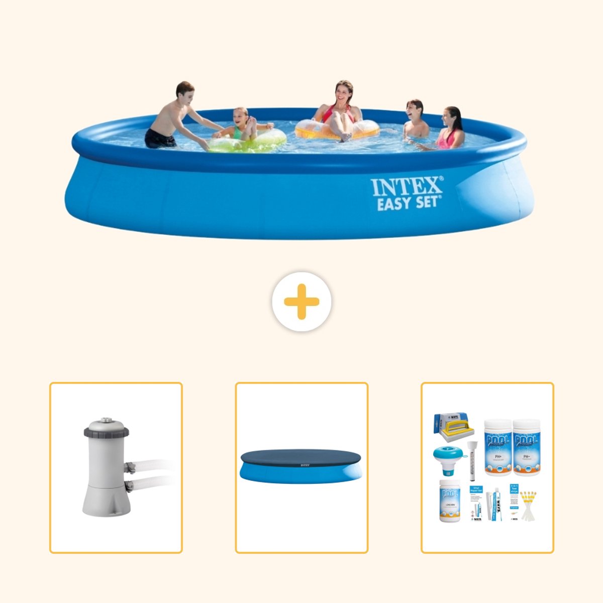 Intex Rond Opblaasbaar Easy Set Zwembad - 457 x 84 cm - Blauw - Inclusief Pomp - Afdekzeil - Onderhoudspakket - 4-delig