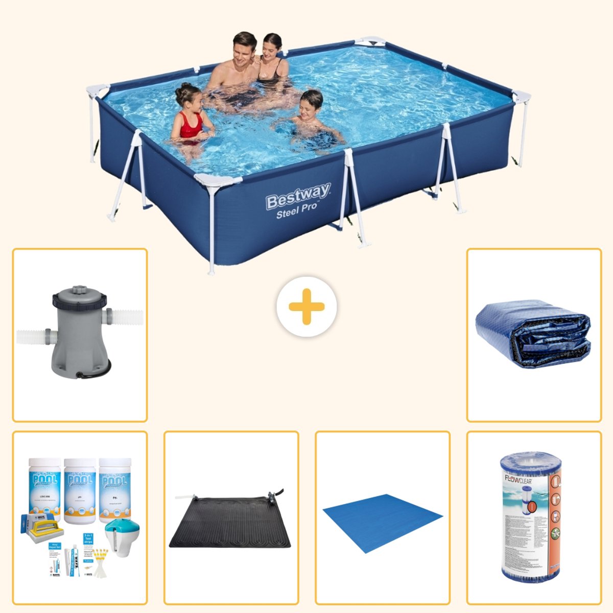 Bestway Rechthoekig Steel Pro Zwembad - 300 x 201 x 66 cm - Blauw - Inclusief Onderhoudspakket - Solar Mat - Grondzeil - Filter - Zwembadfilterpomp - Solarzeil - 7-delig
