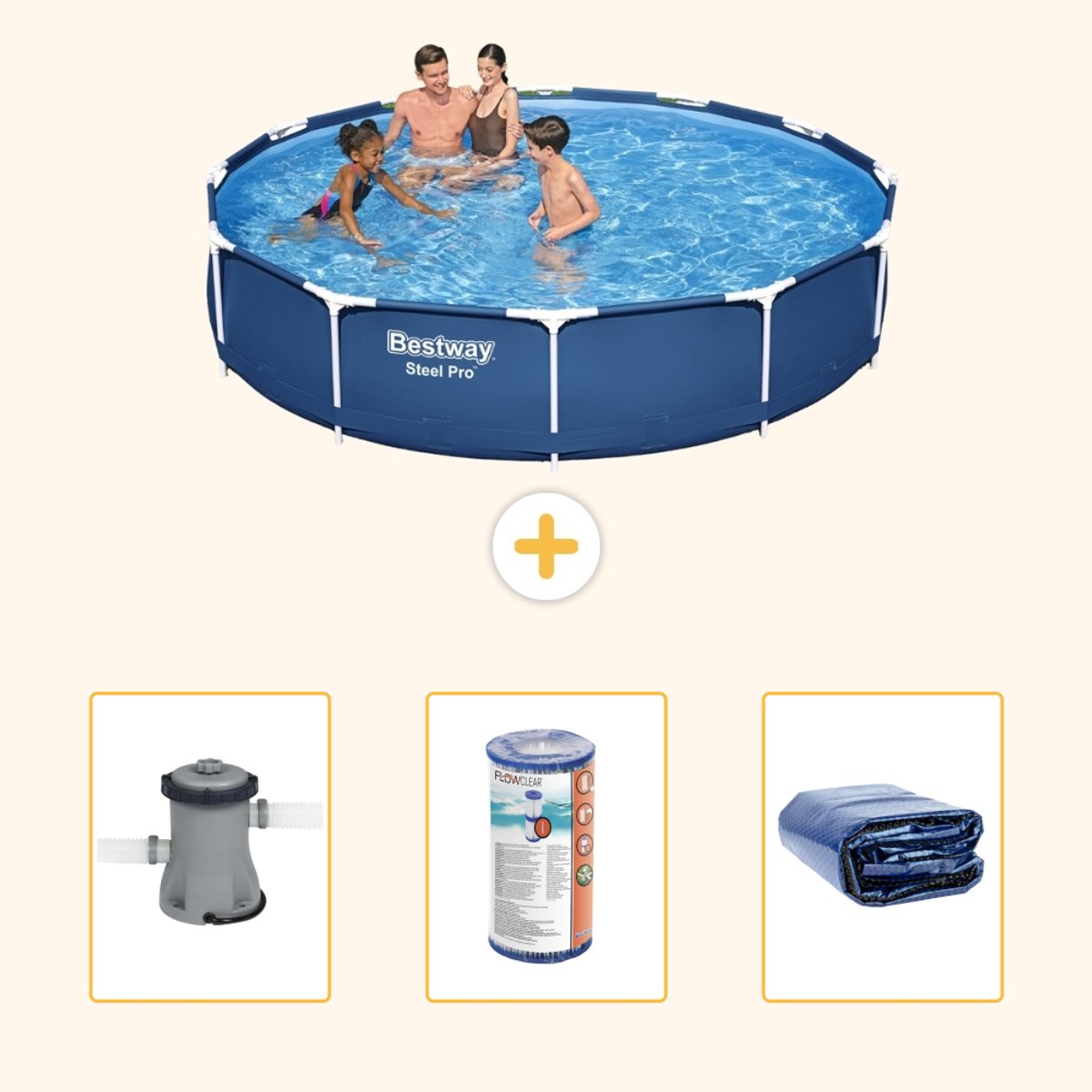 Bestway Rond Steel Pro Zwembad - 366 x 76 cm - Blauw - Inclusief Pomp - Filter - Solarzeil - 4-delig