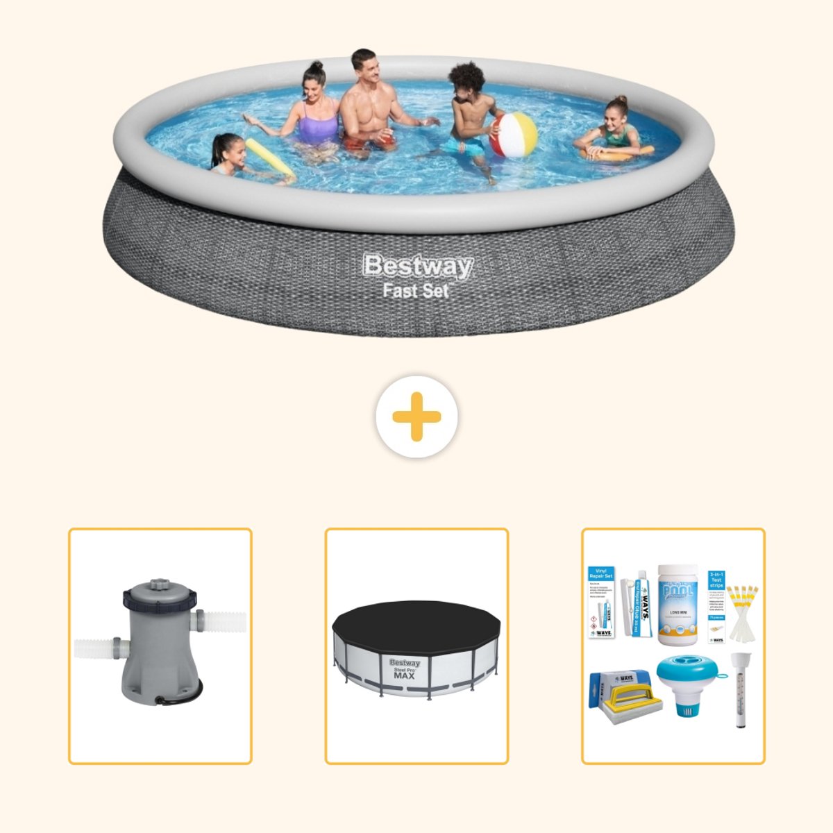 Bestway Rond Opblaasbaar Fast Set Zwembad - Rotanprint - 457 x 84 cm - Inclusief Pomp - Afdekzeil - Onderhoudspakket - 4-delig