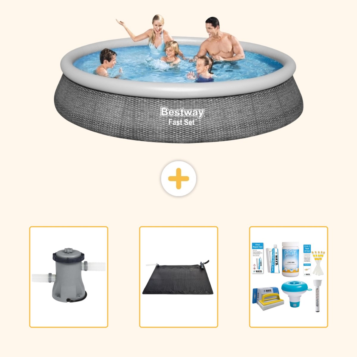 Bestway Rond Opblaasbaar Fast Set Zwembad - Rotanprint - 396 x 84 cm - Inclusief Pomp - Solar Mat - Onderhoudspakket - 4-delig