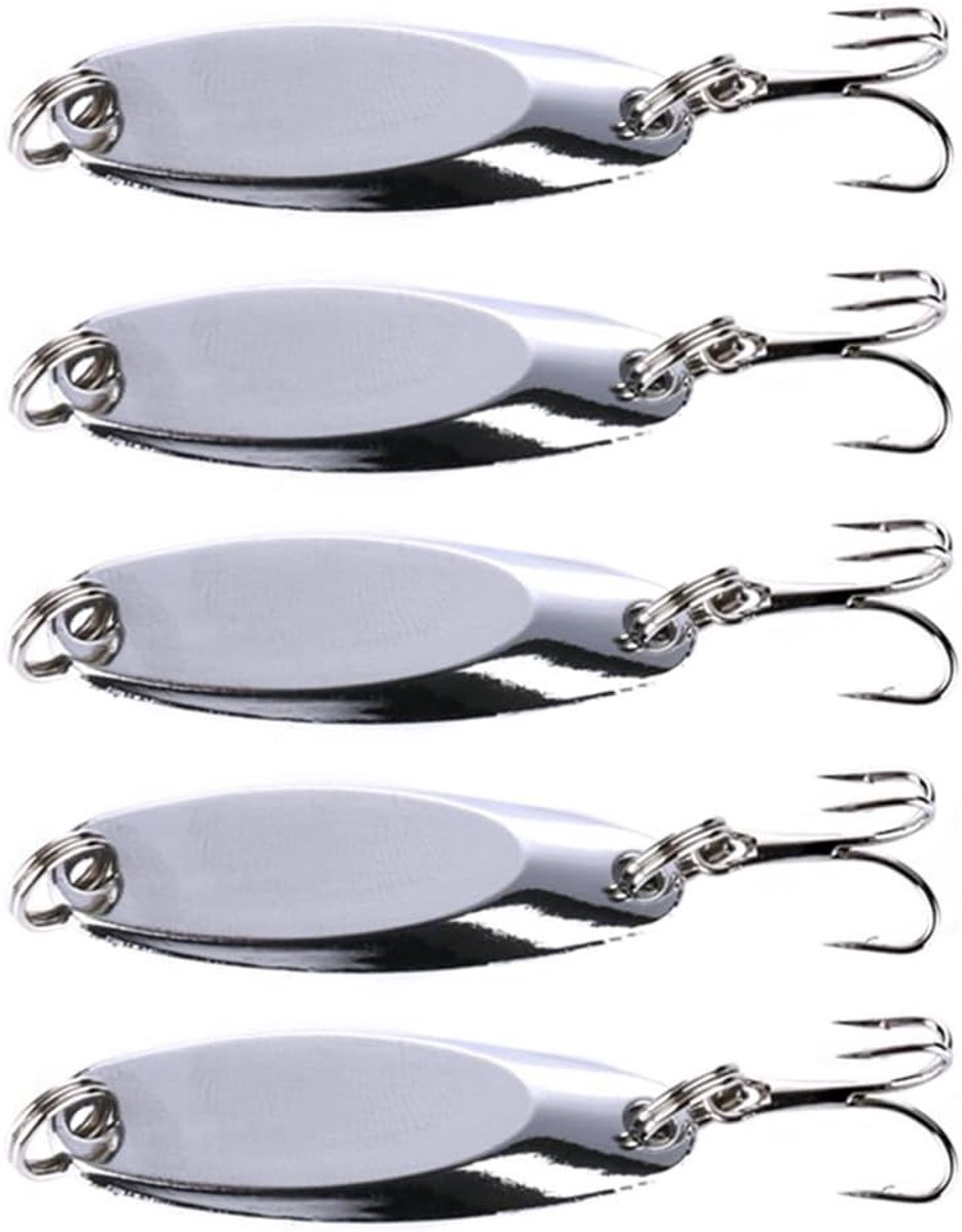 Vijf metalen lepels voor vissen met doos, inclusief spinner en dreggenhaken voor zoet- en zoutwater, perfect voor zalm, baars en forel vissen