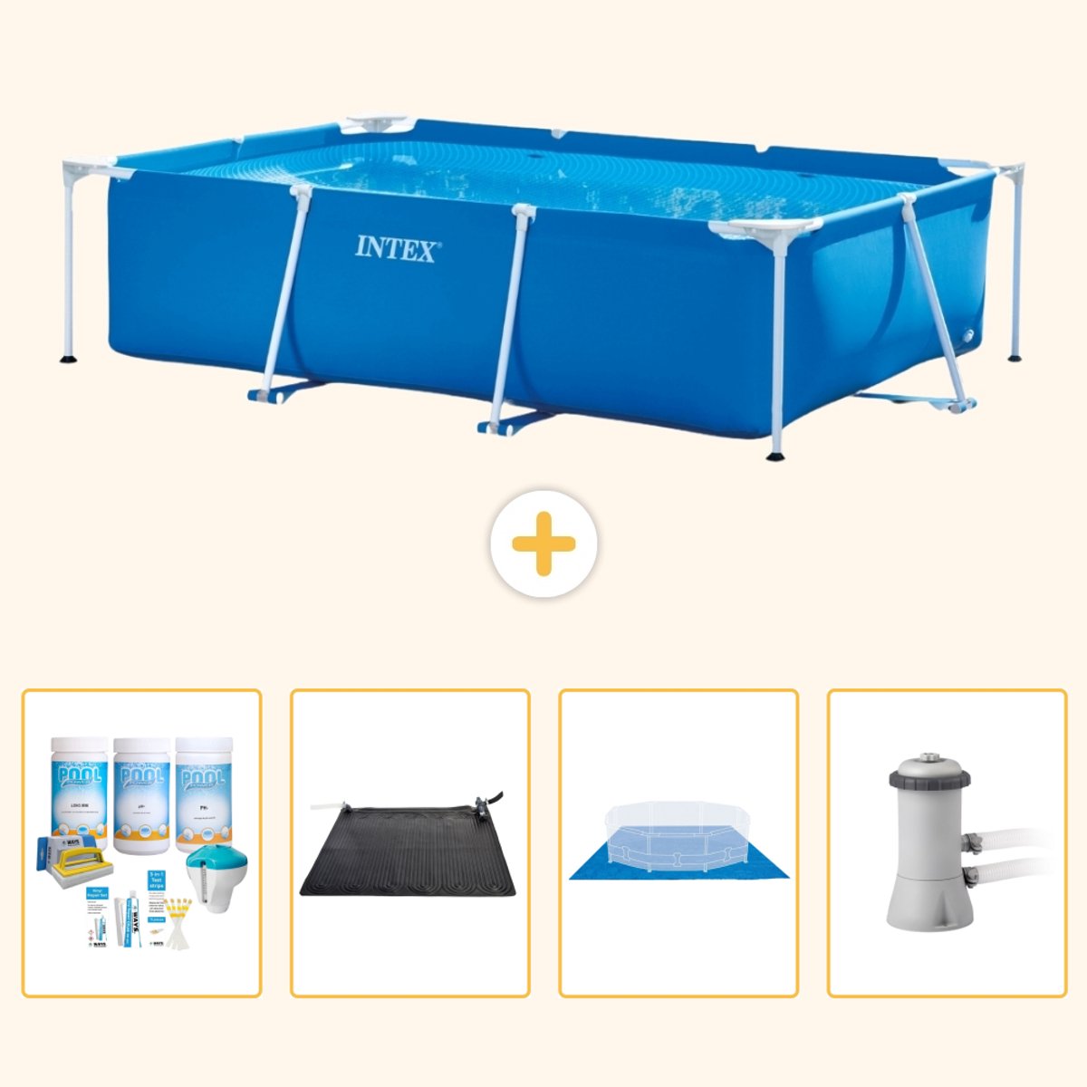 Intex Rechthoekig Frame Zwembad - 300 x 200 x 75 cm - Blauw - Inclusief Onderhoudspakket - Solar Mat - Grondzeil - Zwembadfilterpomp - 5-delig