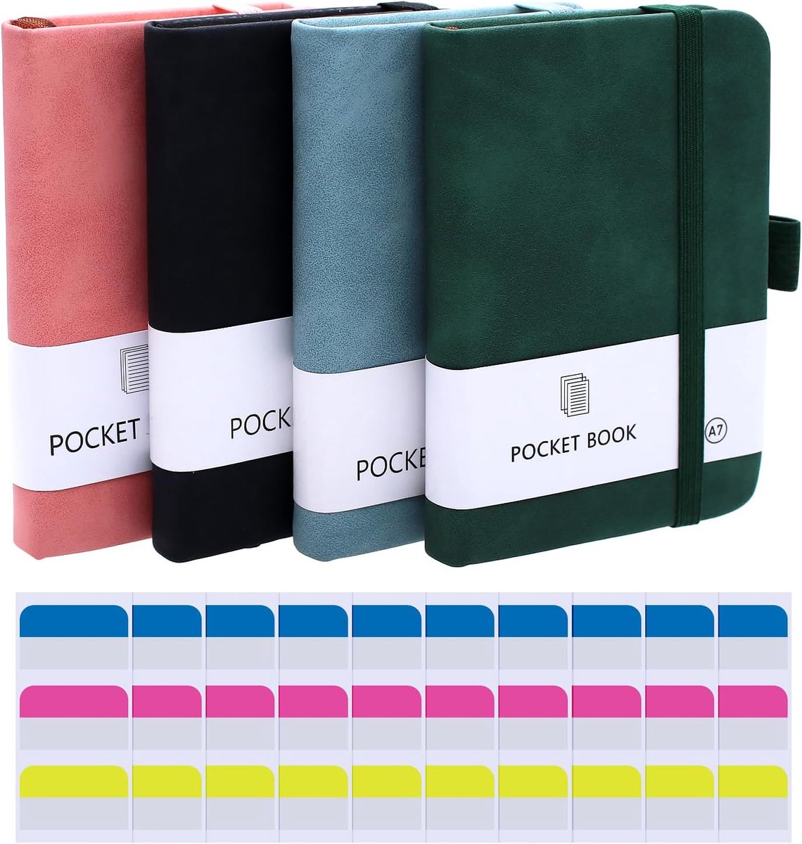 SnelShoppen - 4 Stuks Kleine A7 Notebooks, Mini Notepad, A7 Notitieboek, Compact met 30 Hechtingstrips, 200 Pagina's, Compartimenten, Journal met Penh