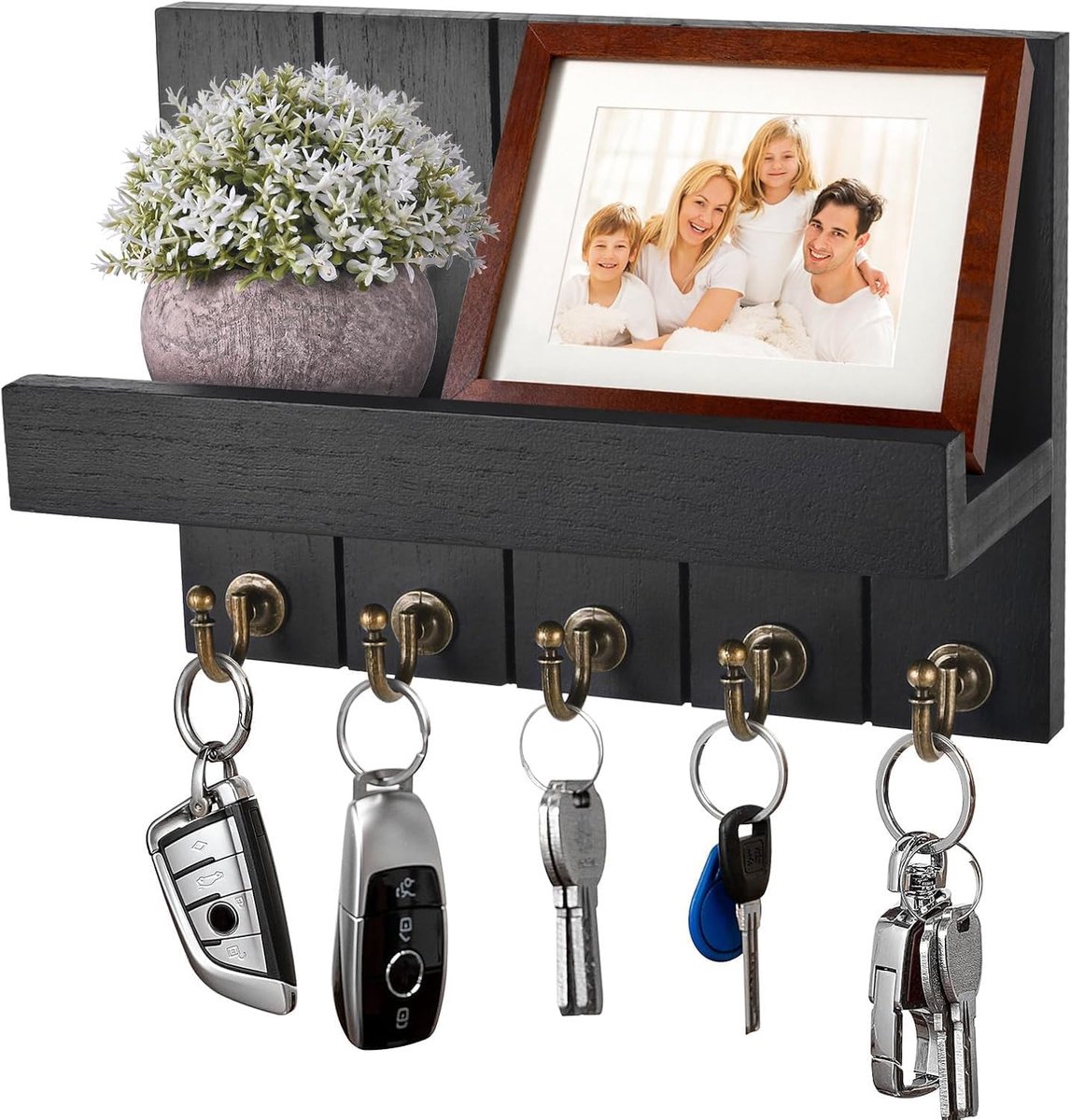 SnelShoppen - Sleutelhanger met Plank Decoratieve Houten Wandplank met 5 Sleutelhaken voor Entree Hal, Slaapkamer, Woonkamer, Zwart