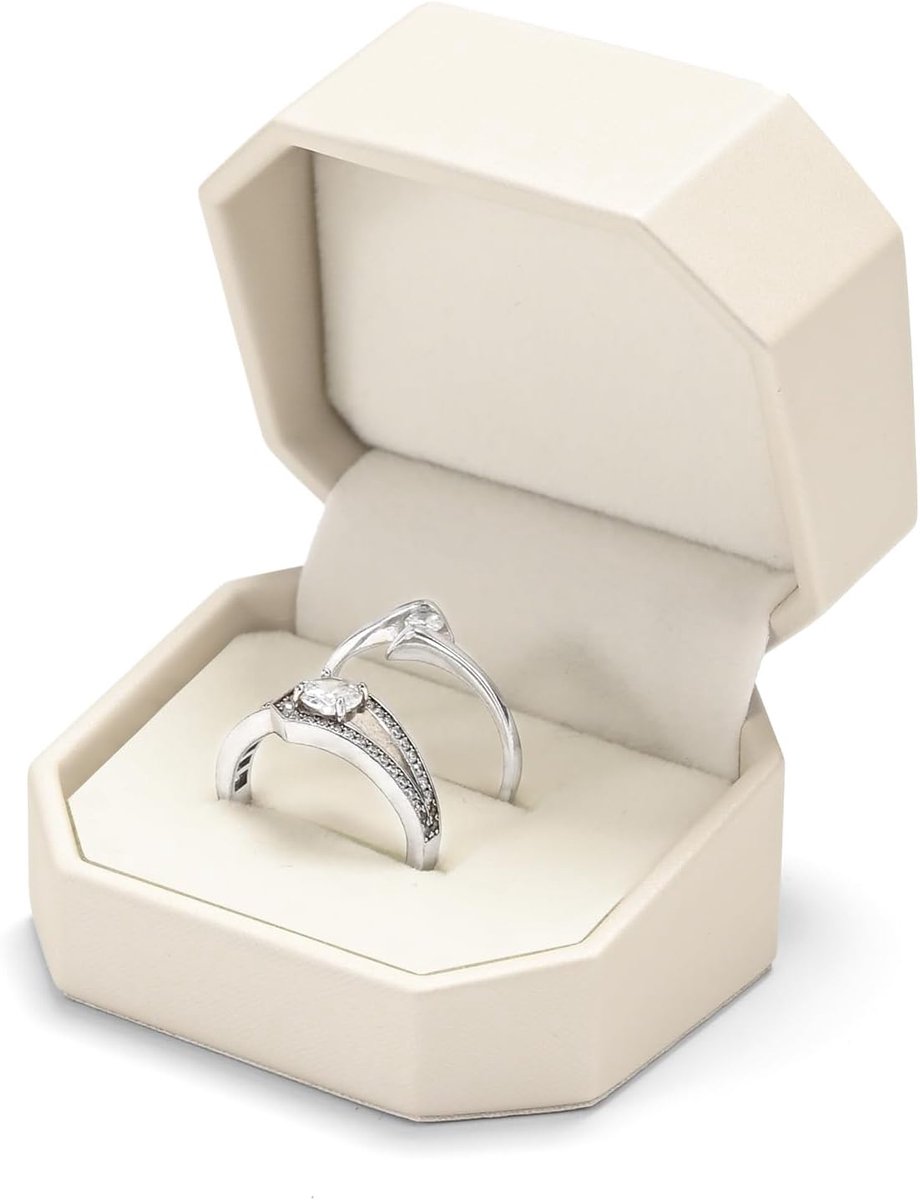 SnelShoppen - PU Leren Beige Dubbele Ringdoos - Perfect voor Verloving, Valentijnsdag, Huwelijksaanzoek - Premium Fluweel - Compact 6x5x3.8 cm