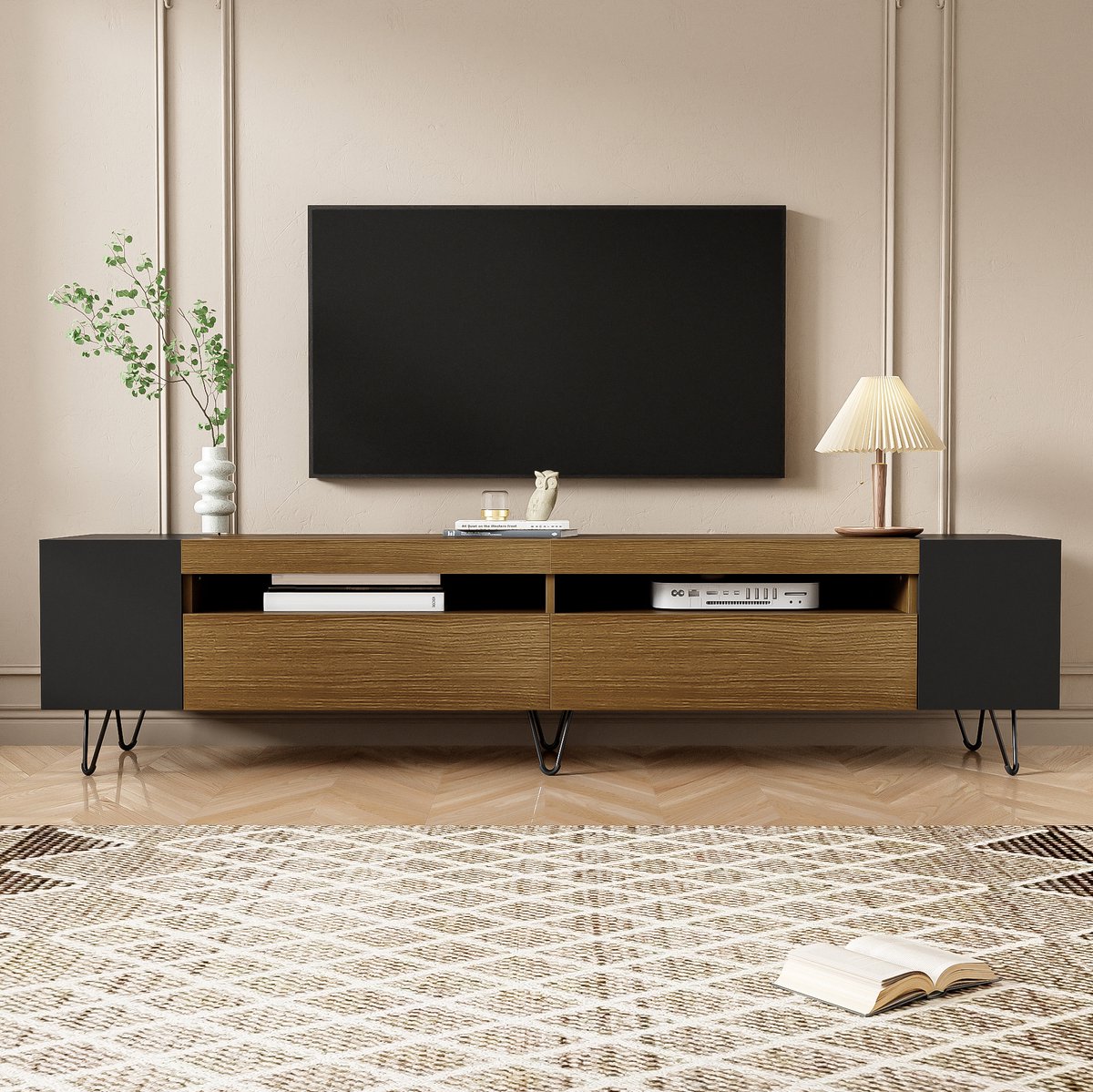 COVREO TV-meubel 180 x 36 x 43 cm - zwart en houtlook, 2 deuren en open vakken