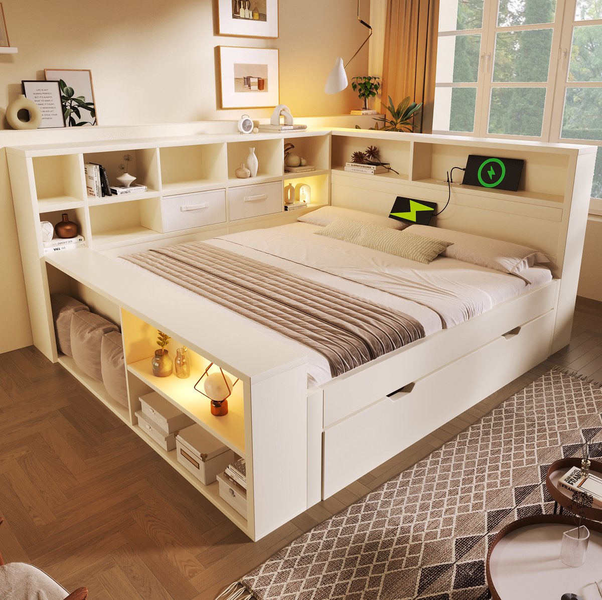 OKWISH Bed 140x200 cm - Met Uittrekbed En USB En Type C Aansluitingen - Met 8 Opbergvakken - Tweepersoons - Hout - Wit - Zonder Matras