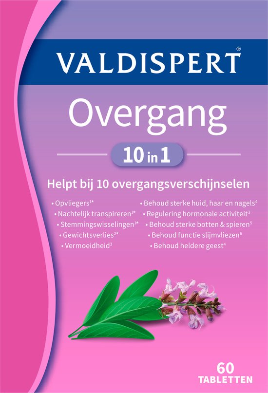 Doos Valdispert Overgang 10 in 1, met tekst en salieblaadjes. Helpt bij 10 overgangsverschijnselen.