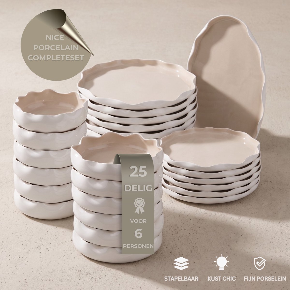OZ Home BRICARD Nice Serviesset 25-delig – Porseleinen Servies voor 6 Personen – Wit/Taupe – Japandi Bordenset met Ovale Serveerschaal – Vaatwasser- & Magnetronbestendig