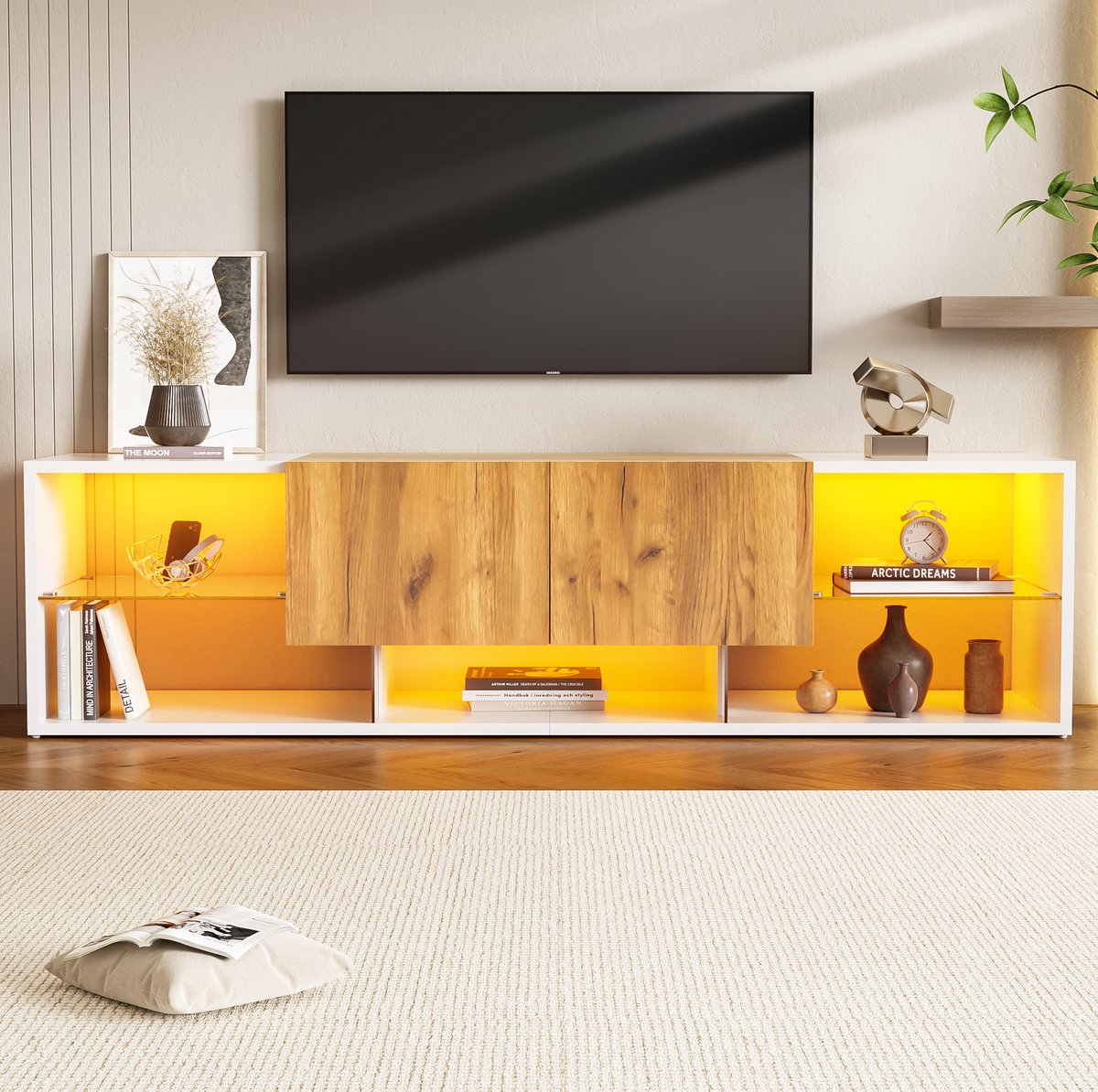 COVREO TV meubel 160 x 40 x 42 cm - wit en houtkleur, 2 lades, glazen plank, LED verlichting