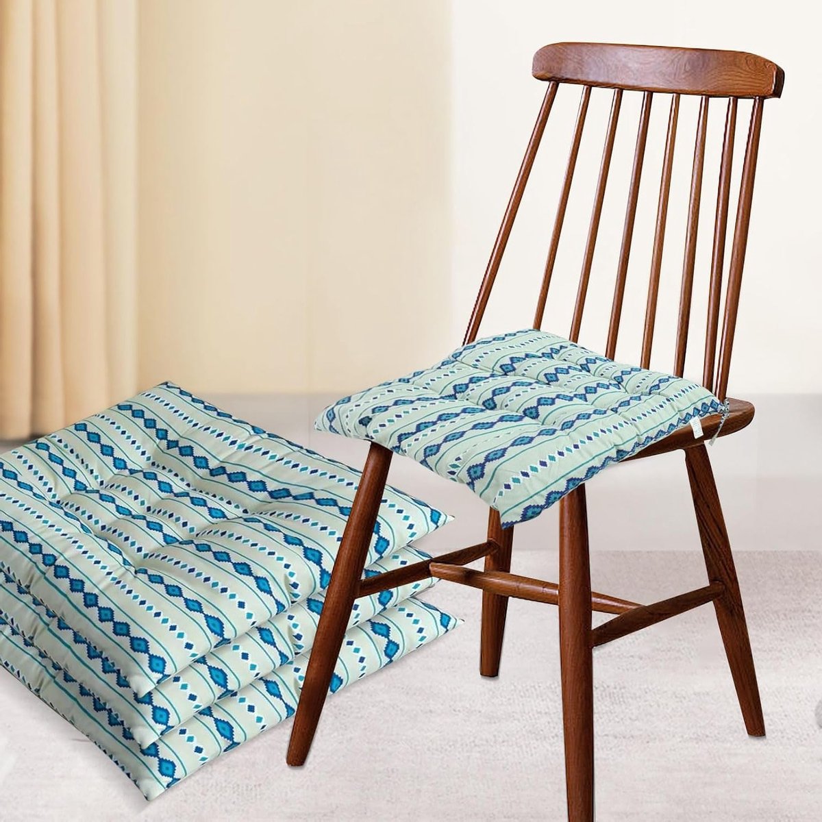 Set van 4 Stoelkussens, 40 x 40 cm, Voor Binnen en Buiten, Comfortabele Zitkussens voor Eetkamer, Tuin en Balkon, Bohemian Blauw