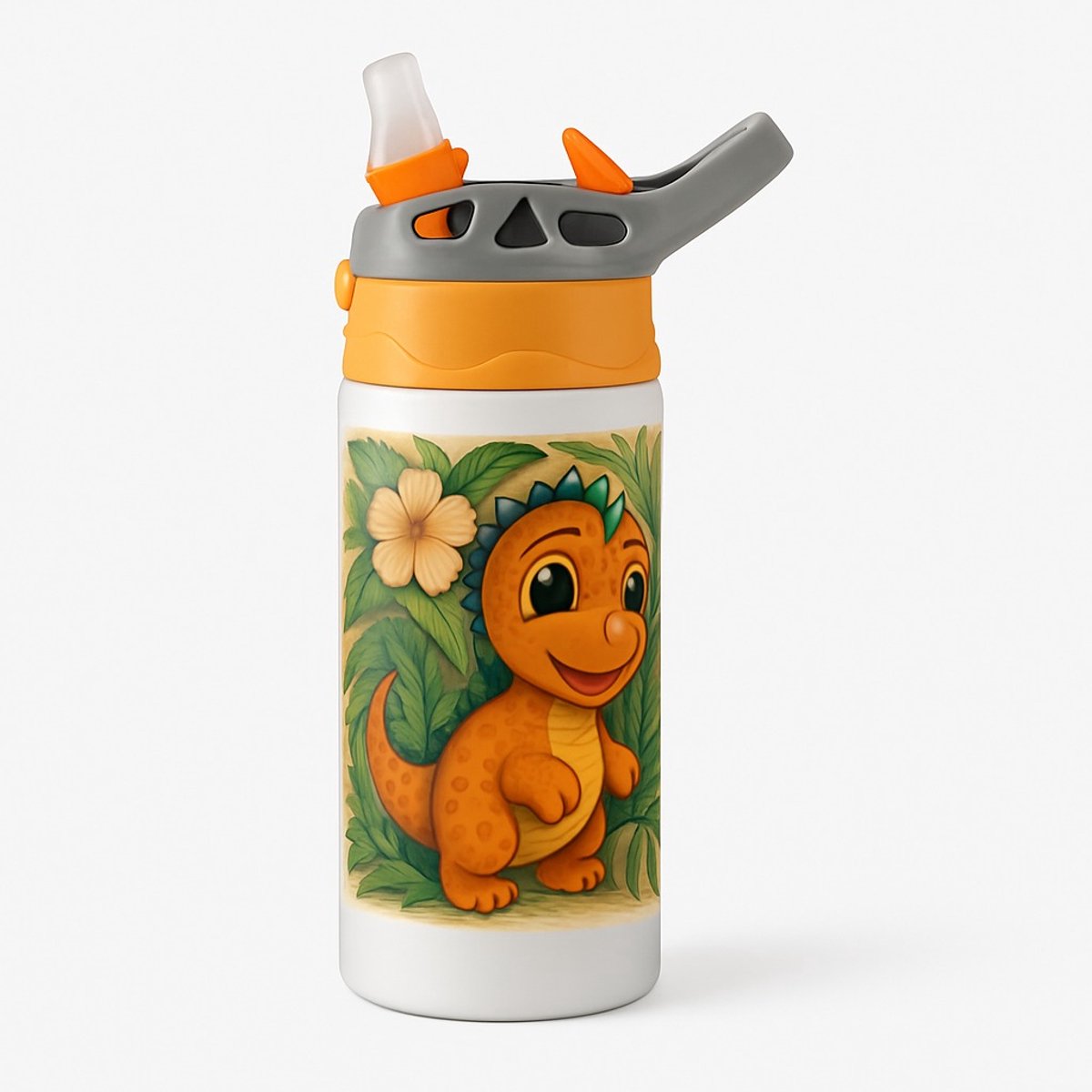 Tropische Dino Cartoon Drinkfles – Vrolijke Drinkfles voor Dino Fans en Avontuur Liefhebbers - Waterfles voor kinderen (wit/oranje)
