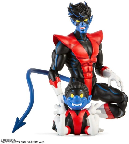Actiefiguur naast een mini-figuur, beide met blauwe huid en rood-zwarte outfit.