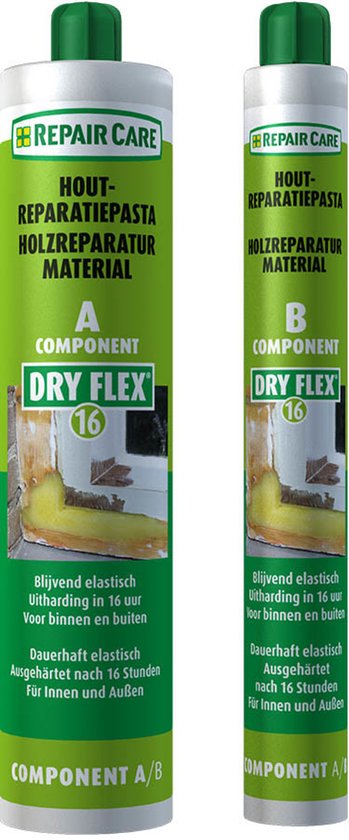 Twee kokers "Dry Flex 16" van Repair Care. Component A en Component B in groen, geel en wit.