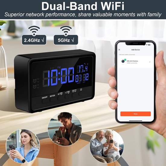 Spionage Camera Wekker - Mini Verborgen Camera - Huisbewaking - Dual Band WiFi - 1080P HD - Zwart — afbeelding 2